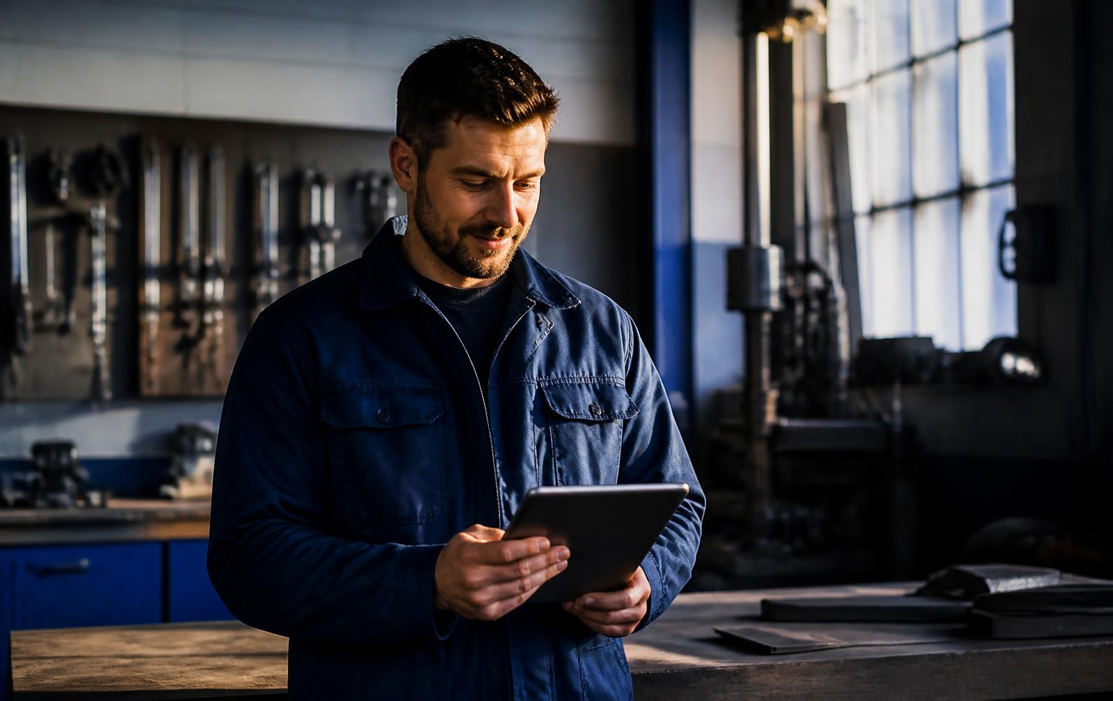 Small-business owner reviewing an invoice in a workshop